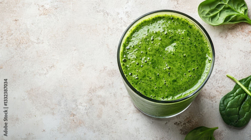 Spinach detox smoothie in a tall glass on a neutral background. View from above with space for text. Spinach detox smoothie in a tall glass on a neutral background. View from above with space for text.