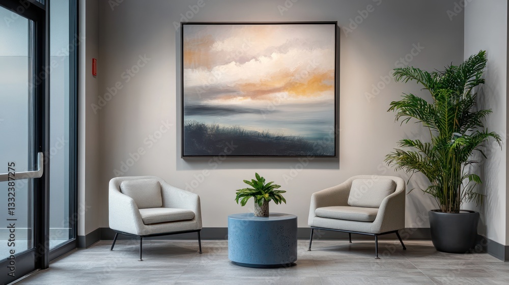 Fototapeta premium Modern lobby waiting area, calming artwork, plants