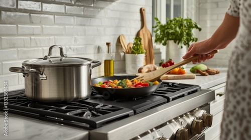 Cooking vegetables in a skillet on a gas stove top in kitchen