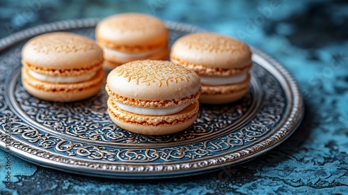 Four macaroons sit on a detailed silver plate, blue textured background