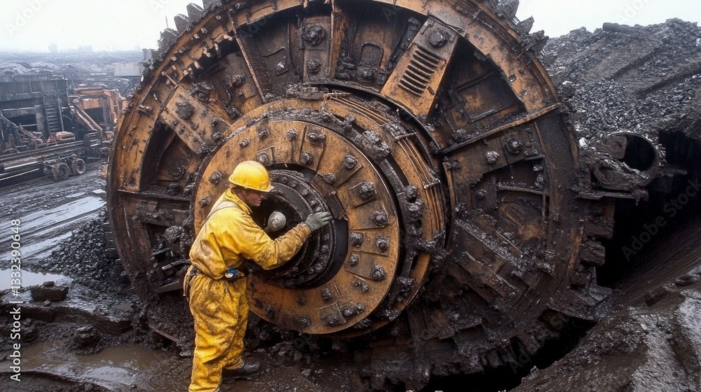 Worker inspecting large mining machine covered in mud and dirt Worker inspecting large mining machine covered in mud and dirt