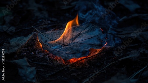 Burning autumn leaf in dark forest photo