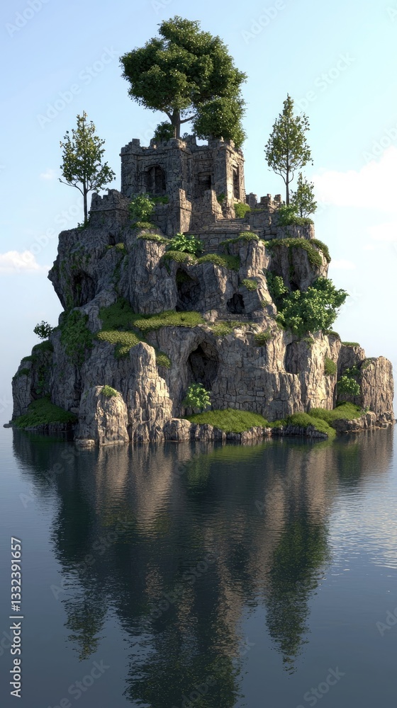 Fantasy island castle with trees reflecting on water Fantasy island castle with trees reflecting on water