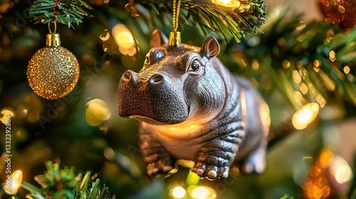 A cute holiday hippo figurine hanging from a Christmas tree, glowing with warmth and surrounded by festive decorations