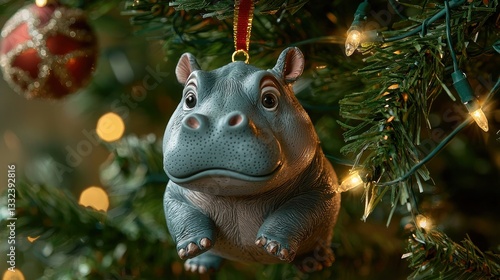 A cute holiday hippo figurine hanging from a Christmas tree, glowing with warmth and surrounded by festive decorations