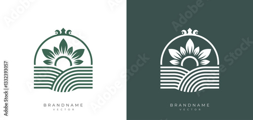 Landscape farm and agriculture logo design template with line art illustration