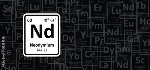 Neodymium, symbol Nd, atomic number 60. Is a chemical element with a yellow, silver white lanthanide. Rare earth element or rare earth metals or rare earths.  Periodic table of the elements. 