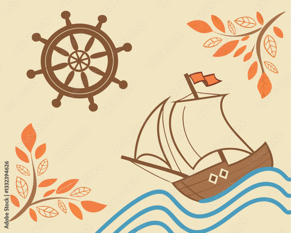 Naklejka premium Vintage Sailing Ship with Compass Rose and Decorative Elements