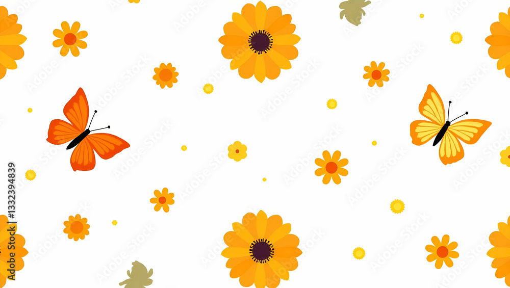 Obraz premium Vibrant Flat Calendula and Butterflies Seamless Pattern for Spring Textiles and Packaging Designs