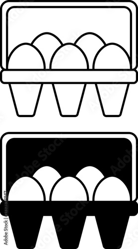 Eggs Icons. Black and White Vector Illustrations. Chicken Eggs in Packaging. Food, Nutritional Product. Grocery Concept