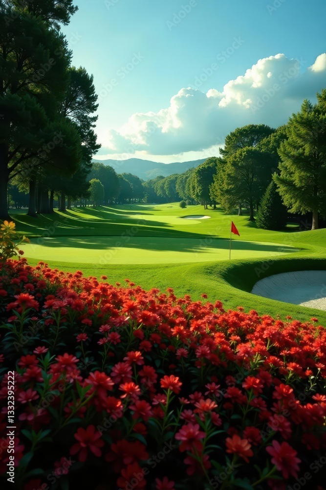 Fototapeta premium Short, even, richly colored grass on golf course , detail, summer