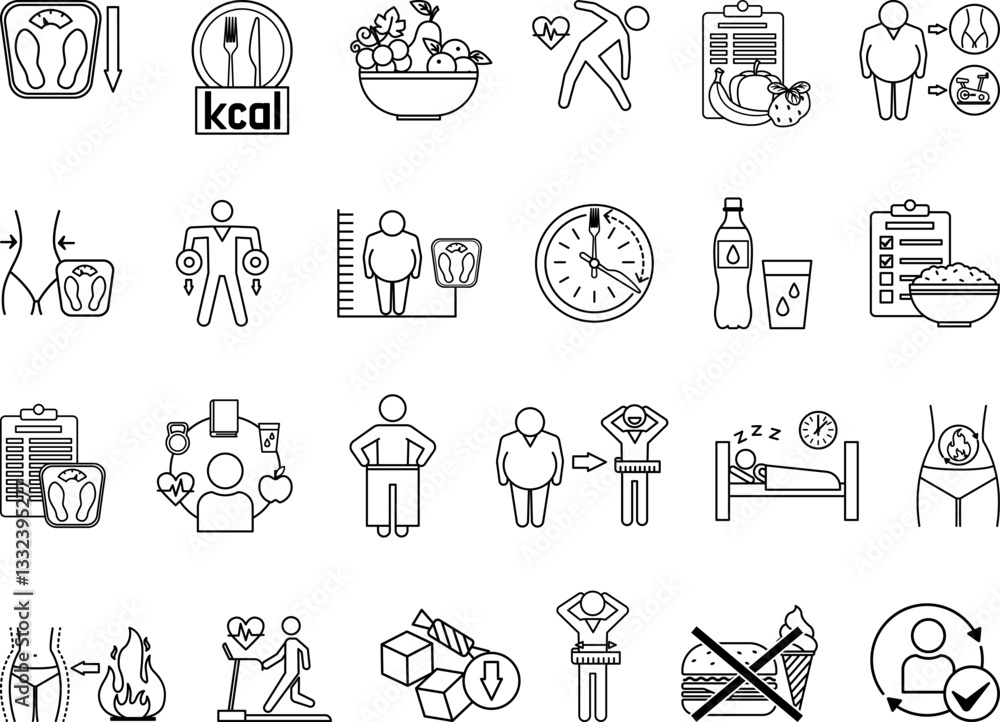 Naklejka premium Weight Loss Icon Set. Vector Illustrations Diet, Bathroom Scale, Calories, Healthy Eating, Fat Burning, Body Measurements, Exercise, Strength Training, Metabolism, BMI, Water Intake and More