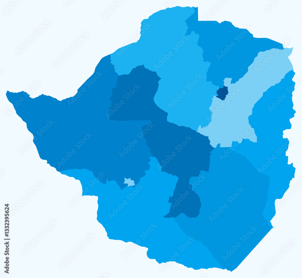 Map of Zimbabwe with regions. Just a simple country border map with region division. Light blue color palette. Flat Zimbabwe shape with administrative division. Vector illustration. Map of Zimbabwe with regions. Just a simple country border map with region division. Light blue color palette. Flat Zimbabwe shape with administrative division. Vector illustration.