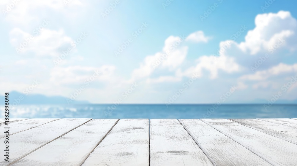 White wooden table top with blurred sky and sea background, ideal for product display or content montage in panoramic ad banners. White wooden table top with blurred sky and sea background, ideal for product display or content montage in panoramic ad banners.
