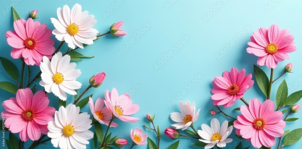 Cheerful pink & white floral display, spring blue , soft, picture, white Cheerful pink & white floral display, spring blue , soft, picture, white