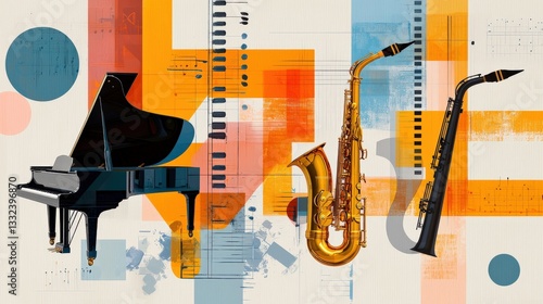 A digital collage featuring saxophones, trumpets, and pianos with dynamic strokes