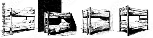 Modern hand drawn illustration of a kids bunk bed in doodle style sketch