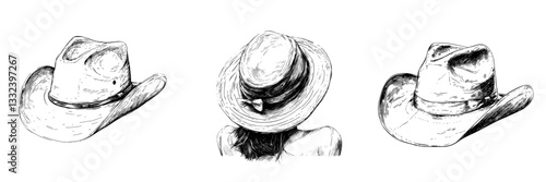The illustration features a fashionable straw hat with wide brim, typically associated with summer getaways, drawn in a contemporary black and white sketch style against a plain white backdrop