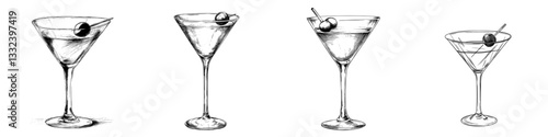 A hand-drawn ink sketch of a martini with an olive in a glass, isolated, along with illustration elements for alcoholic cocktails