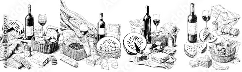 A collection of hand-drawn picnic items, including an assortment of food, beverages, and a basket, is presented in a contour illustration style