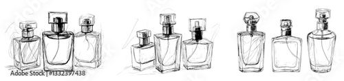 Modern illustrations feature a perfume bottle set and a fashion sketch, all hand drawn