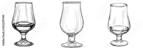 The image features a hand-drawn, black and white illustration of a nosing glass, specifically designed for whiskey, scotch, and brandy, set against a plain white background in a modern sketch style