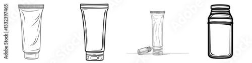 A blank, unlabelled tube containing sun protection, moisturizing cream, or facial mask is depicted in a modern black and white sketch illustration isolated on a white background, showcasing a