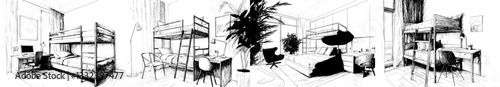 A children's room is depicted with furniture, including a bunk bed, table, and two chairs, in a hand-drawn modern illustration of a sketch style