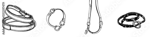 A modern illustration in black and white sketch style depicts a simple pet leash made of brown leather with a metal fastener, isolated on a white background, featuring a cat and dog, along with a