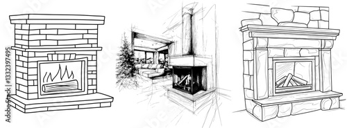The room features a burning fireplace, a vase with a plant placed on it, and a picture hanging overhead, all depicted in a contemporary sketch-style drawing