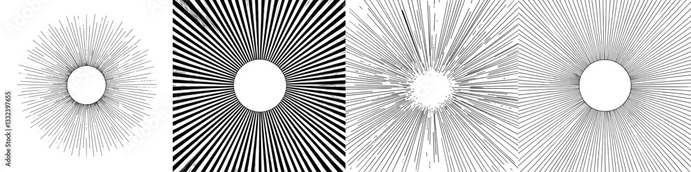 A vintage-style illustration features hand-drawn sun rays, presented as isolated objects in a modern black and white line drawing within a radial frame