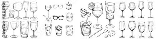 A collection of hand-drawn, sketch-style glasses is presented as a modern illustration on a white background