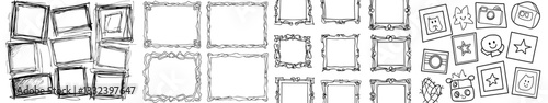 Modern illustration set featuring isolated black and white sketch of a picture frame graphic