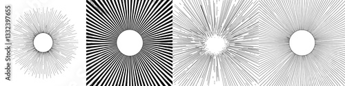 A vintage-style illustration features hand-drawn sun rays, presented as isolated objects in a modern black and white line drawing within a radial frame