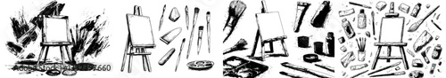 A set of contemporary drawing instruments and accessories for creating hand-painted artwork with ink