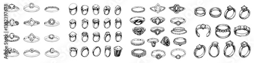 A set of diverse jewelry rings has been hand drawn, showcasing a modern sketch style illustration
