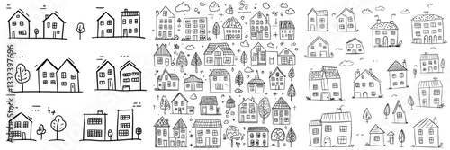 A set of various houses has been hand drawn, presented in a modern sketch style illustration