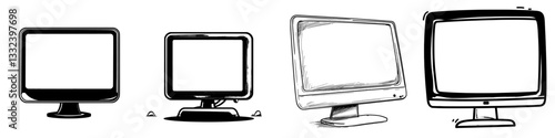 A desktop computer is depicted in isolation on a white background, presented as a hand-drawn doodle cartoon in a modern illustration style