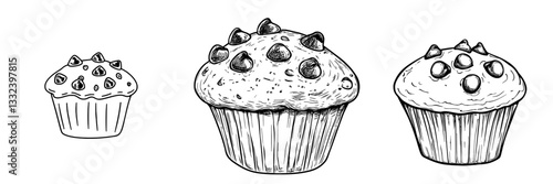 A modern sketch illustration of a muffin, hand drawn in outline doodle style, suitable for various mediums including print, web, mobile, and infographics, set against a white background