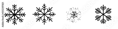 A modern icon of a hand-drawn snowflake, also depicted as a snowflake sketch and doodle illustration, represents a handdrawn winter and Christmas concept on a transparent isolated background