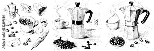 Modern illustration featuring a hand drawn coffee cup, coffee beans, leaves, a coffeepot, and a coffee grinder