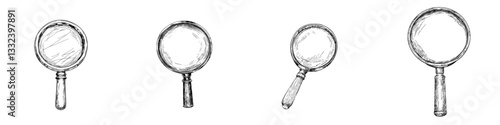 Retro hand drawing magnify lupe, antique magnifying glass sketch modern illustration of an engraving magnifier glass