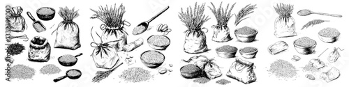 Modern sketch illustration of rice cereal spikelets, grain in sack, and porridge in bowl, created with hand drawn isolated design elements