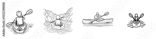 A hand-drawn outline doodle icon of a man riding a canoe represents water sports competition, vacation, and hiking concepts in a modern sketch illustration on a white background for print, web,