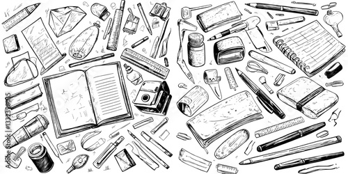 The modern sketch features a set of stationary and hand-drawn elements depicting equipment used in workplaces or schools