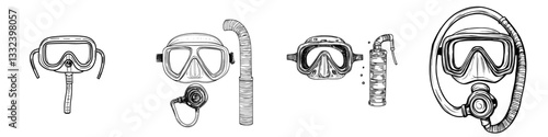Modern illustration of summer items in sketch style, featuring hand drawn diving glasses isolated on a white background with highly detailed beach elements art