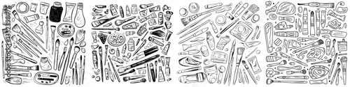 A collection of hand-drawn sketches showcasing modern artist materials in black and white stylized illustration, featuring painting and drawing tools, including brushes, tubes, palettes, pens, and