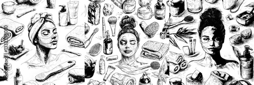 A modern hand-drawn illustration featuring spa elements as a background or pattern, representing beauty and care