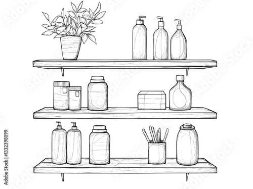 In a modern illustration, a grocery store is shown with shelves set and food, all in a graphic black and white isolated sketch