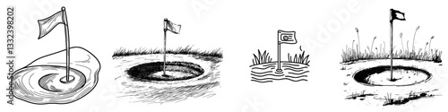 A hand-drawn outline doodle icon of a golf hole and flag, representing recreation, holidays, and hobbies, specifically golf clubs and games, as a modern sketch illustration on a white background for